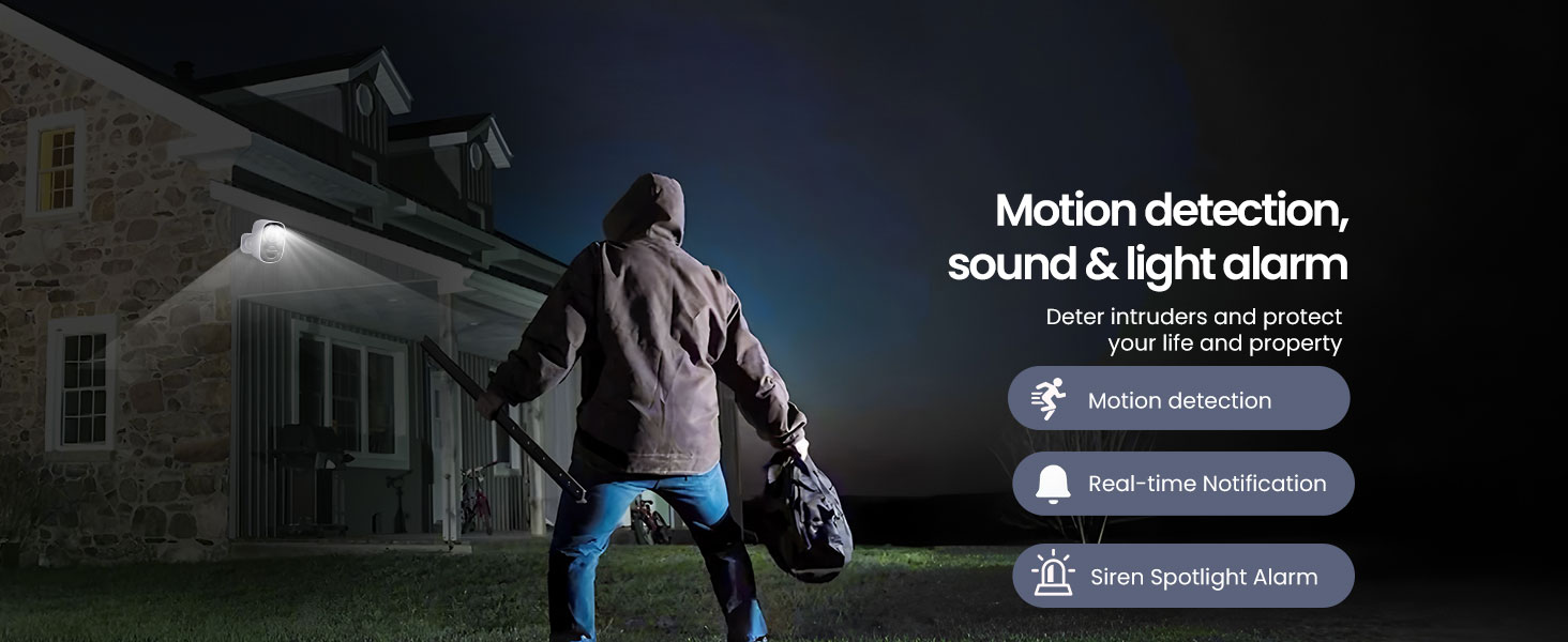 Text reads 'Motion detection' and 'sound & light alarm'. Security-focused interface showing nighttime surveillance features with illuminated outdoor setting.