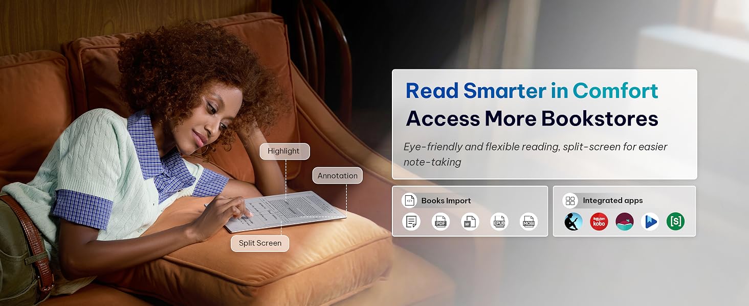 Text reads 'Read Smarter In Comfort' and 'Access More Bookstores'. Interface showing various social media and sharing icons in a digital reading environment.