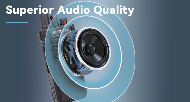 Close-up of a blue audio speaker or headphone driver with concentric circles emphasizing 'Superior Audio Quality' text overlay.