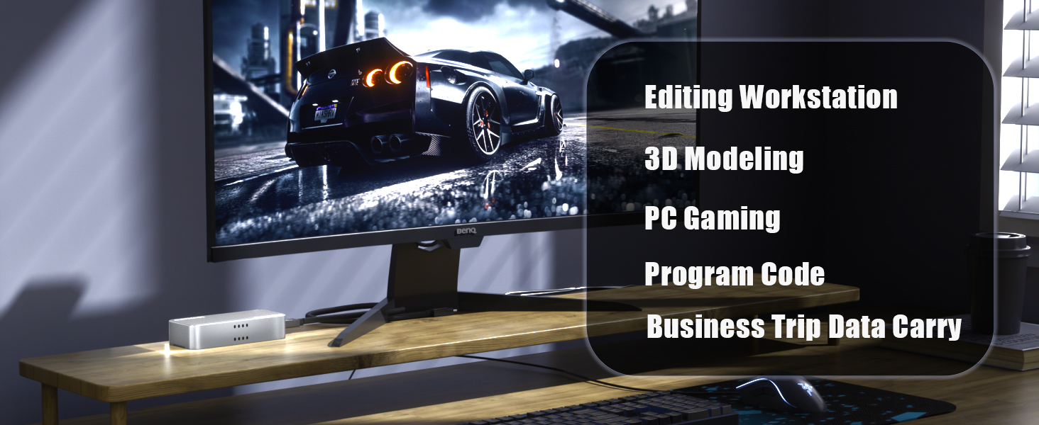 Text reads 'Editing Workstation, 3D Modeling, PC Games, Program Code, Business Trip, Data Entry'. Multiple dark monitors on desk showing various computer screens in dimly lit workspace setting.
