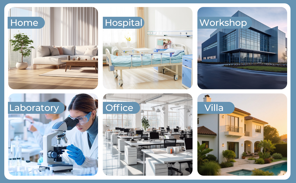 Grid of interior and exterior building images showing various spaces including 'Laboratory', 'Office', and 'Villa' labeled environments.