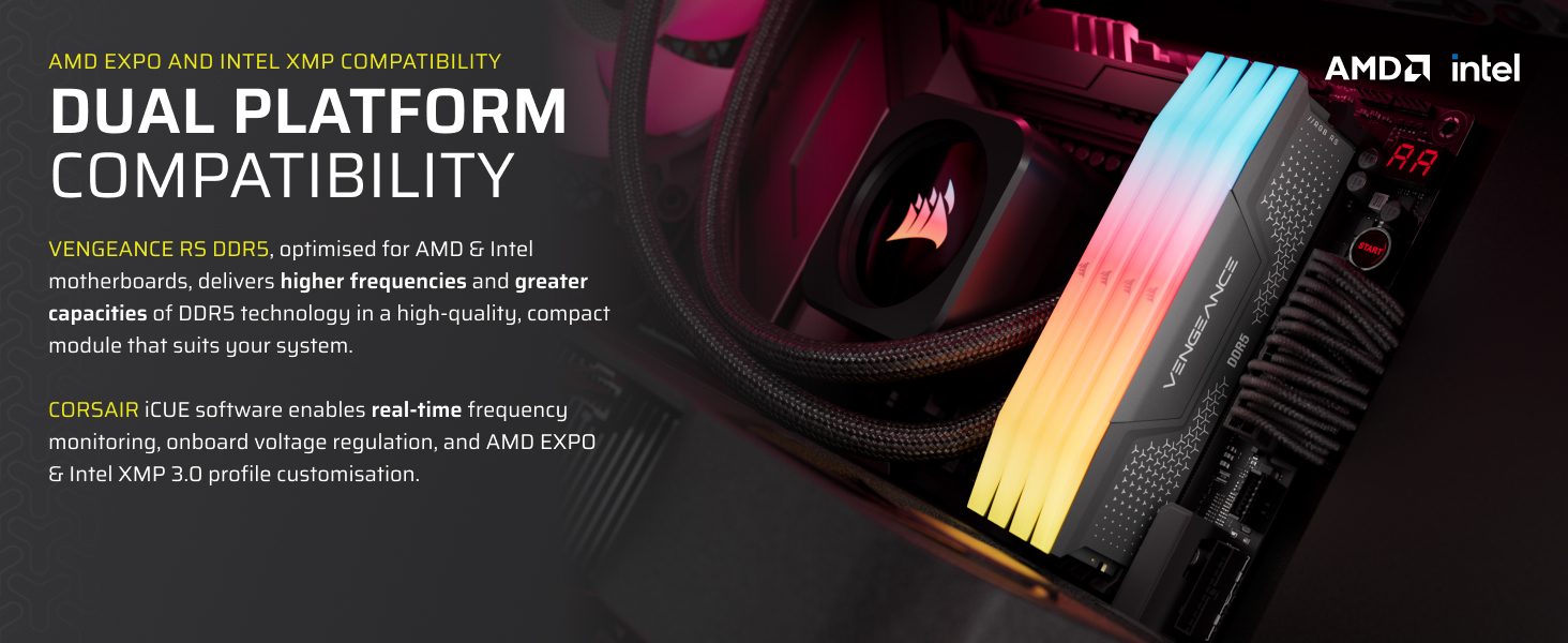 Text reads 'DUAL PLATFORM COMPATIBILITY' with AMD and Intel logos. Marketing image shows computer hardware components with red lighting against dark background.
