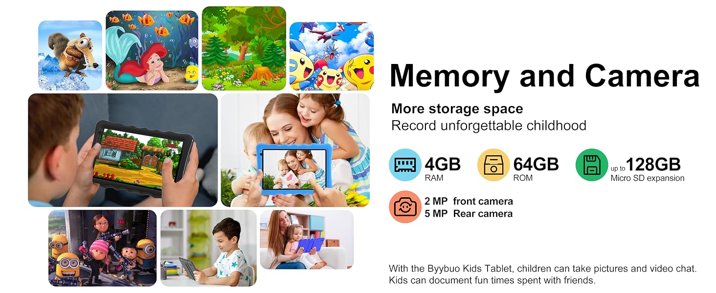 Text reads 'Memory and Camera' and '6GB 64GB 128GB'. Grid of photos showing social media usage. Device specifications and features displayed: dual camera system, expandable storage.
