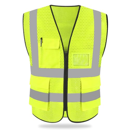 HYCOPROT Hi Vis Viz High Visibility Reflective Safety Vest Waistcoats Jacket Workwear Executive Zip 2 Band Security Mobile Phone Pocket ID Holde