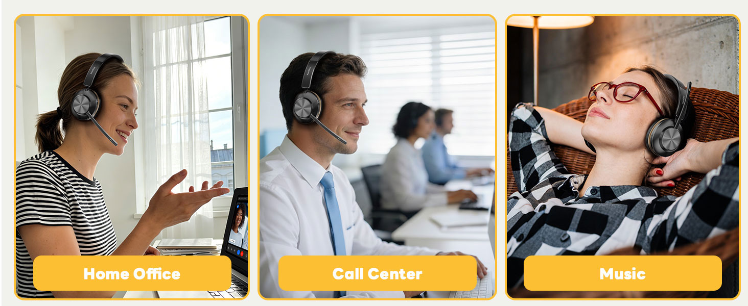Text reads 'Home Office', 'Call Center', 'Music'. Three photos showing people using audio equipment in different settings with yellow label banners.