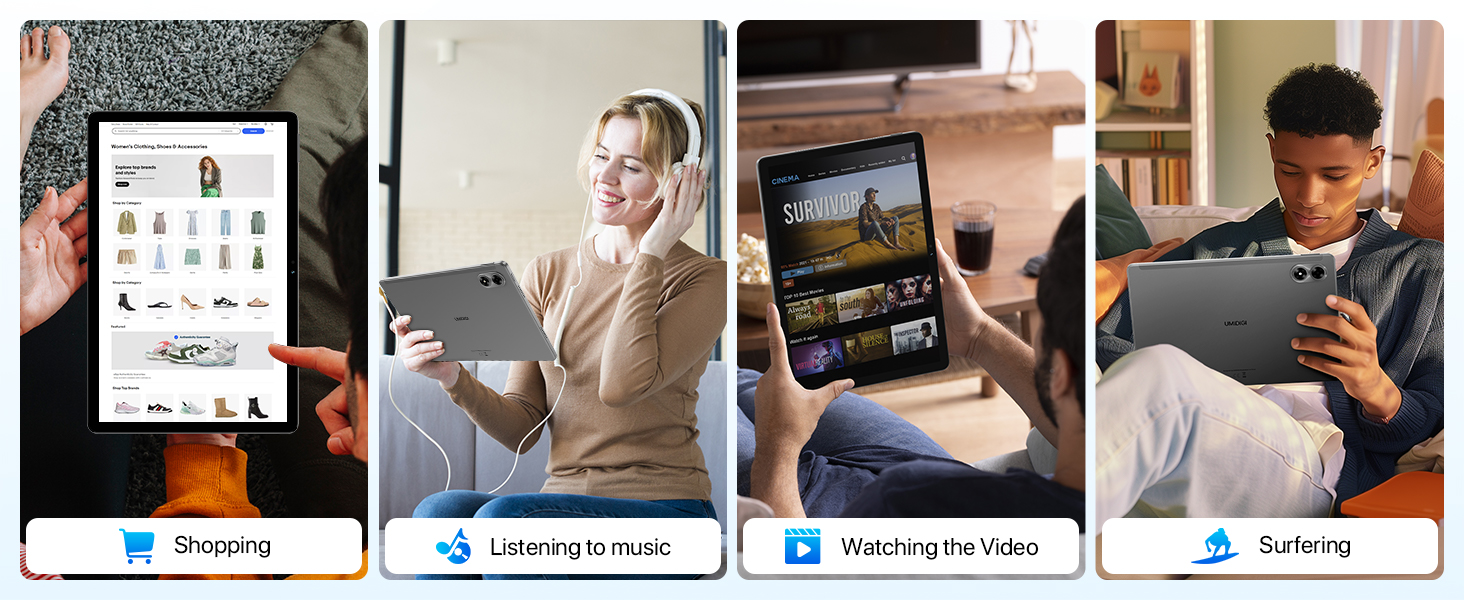 Collage of four images showing people using tablets and smartphones, with app interface icons labeled below each image.
