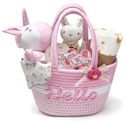 Newborn Baby Gifts Baby Hamper Set with Baby Blanket Lovey Security Blanket Socks Rattle Muslin Cloths Bibs Wooden Milestone Cards New Born Baby Essentials Boys Girls (Pink)