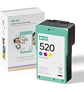 Text reads 'NELKO', '520'. Printer cartridge in turquoise casing with multicolor indicators (magenta, cyan, yellow) shown from different angles.