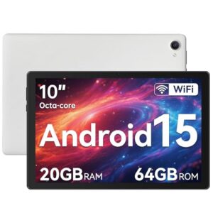Hakaug Tablet 10 Inch Android 15 Tablets PC Octa-Core 20 GB RAM 64 GB ROM 1 TB TF Extension 1280x800 IPS Touchscreen WiFi 6 Widevine L1 Dual Camera 5000 mAh (White)