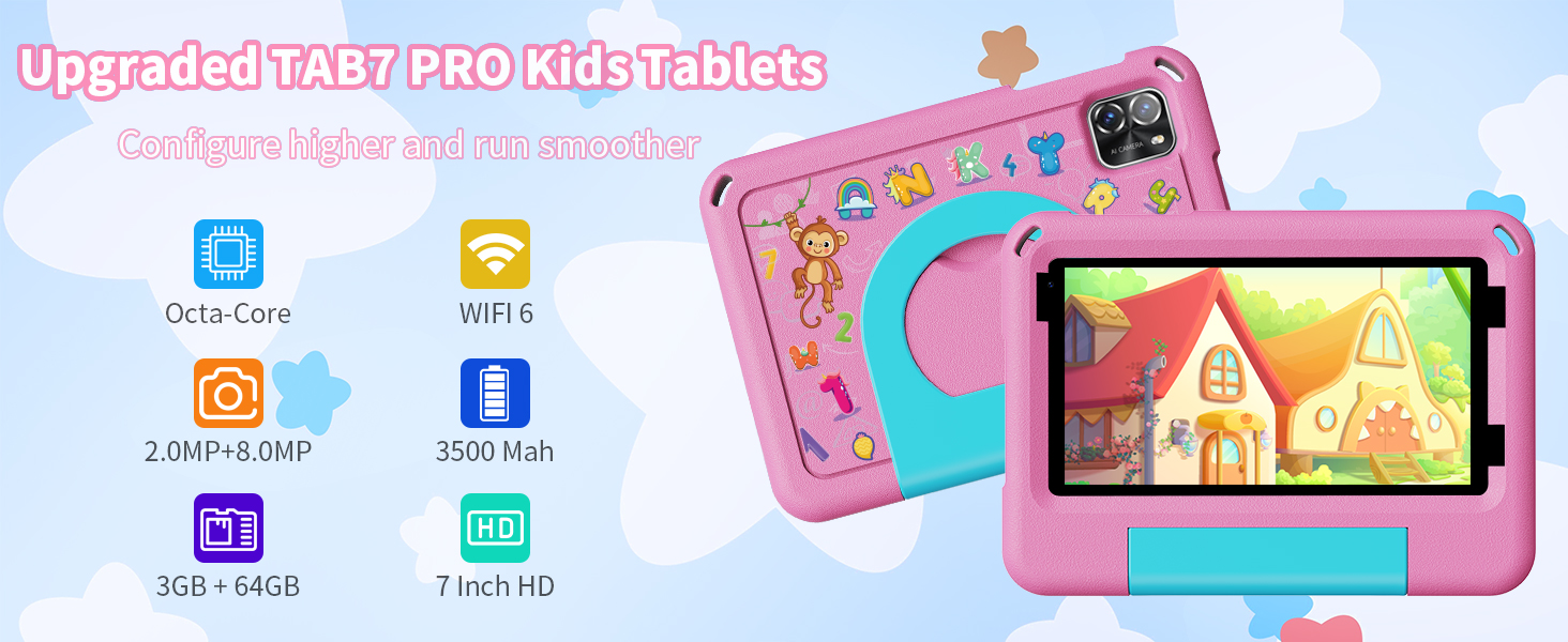 Text reads 'Upgrade kids tablet kids tablet'. Pink children's tablet device with protective case shown with app icons and screen displaying house illustration.