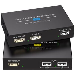 VEDINDUST HDMI KVM USB Extender 400FT/120M KVM Extender Over RJ45 Cat5e/6 Network Cable with Loop Out Supports Remote Mouse and Keyboard Control