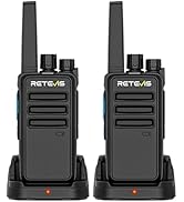 Multiple black Retevis two-way radios and charging docks shown from different angles. Digital displays visible on the radios and charging bases.