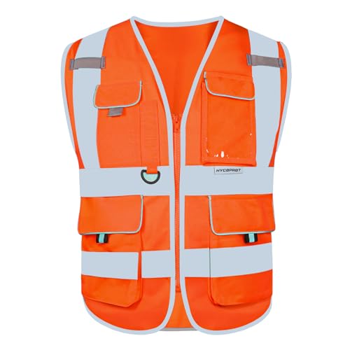 HYCOPROT Hi Vis Vest for Men Women High Visibility Reflective Breathable Safety Vest with Multiple Pockets Zipper Front Meets Construction Vests for Build Oudoor Work EN ISO 20471 Standards