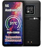 Text reads '5G', 'Android 14', '31°C', 'Temperature', '8GB+128GB', 'Measurement'. Smartphone interface displays showing various system specifications and temperature monitoring features.