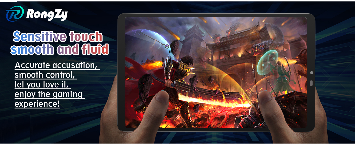 Tablet screen protector advertisement showing a colorful parrot on a device display. Features listed include new screen, high brightness, high saturation, comfortable light, subtle touch, and AG coated.