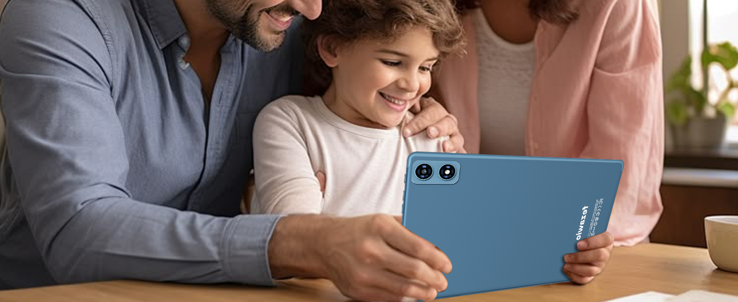 Blue tablet device held by adult hands, with a child looking at the screen. Tablet has dual rear cameras visible in the upper left corner.