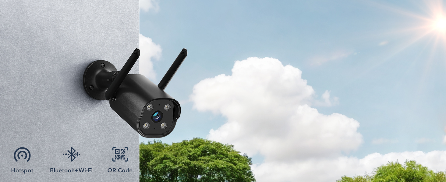 Outdoor security camera mounted on a wall, with a cloudy sky and green foliage in the background.