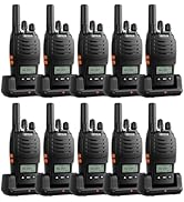 Multiple black walkie-talkies with charging bases shown in different configurations and quantities.