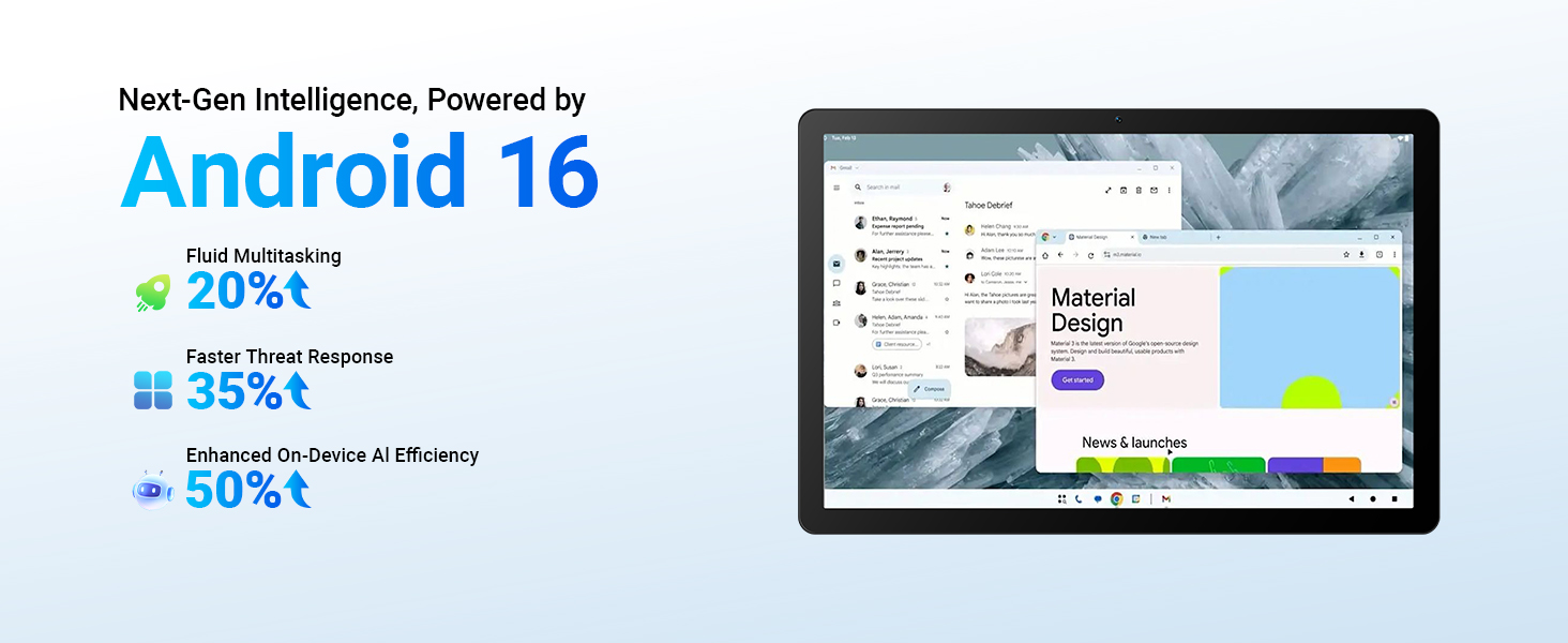 Text reads: 'Next-Gen Intelligence. Powered by Android 16' with specifications: '20%↓ power consumption', '30%↑ performance', '50%↓ battery drain efficiency'. Laptop displaying interface screenshot on light blue background.