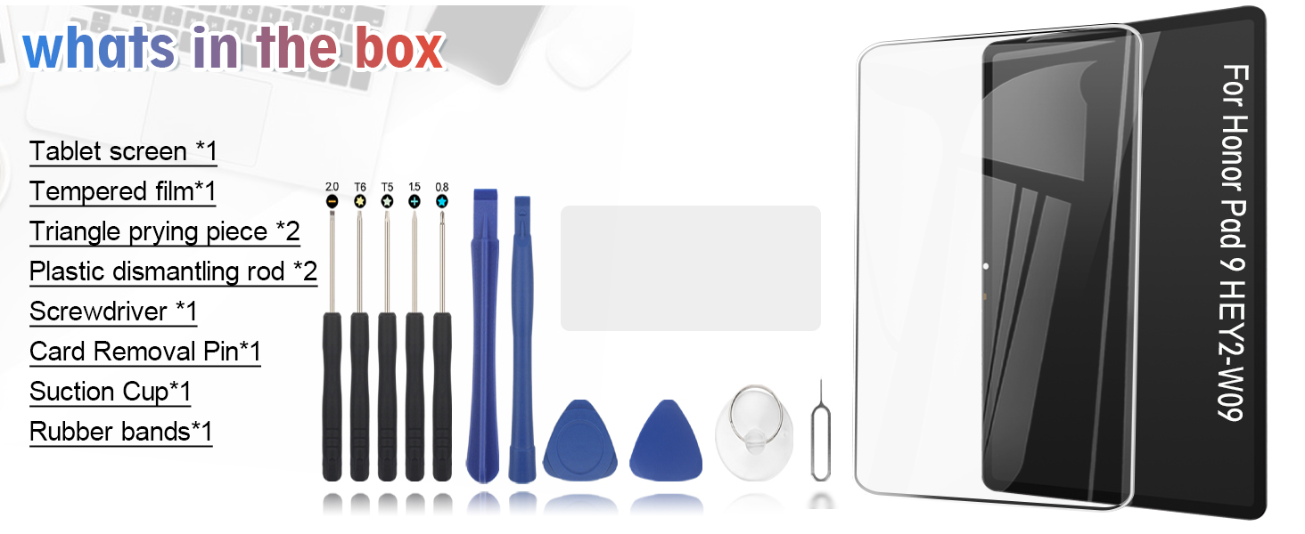 Text reads 'What's in the box' followed by product components list including 'Tempered film', 'Toolkit screen', 'Screwdriver', 'Card Removal Pin', and repair tools shown in detailed layout.