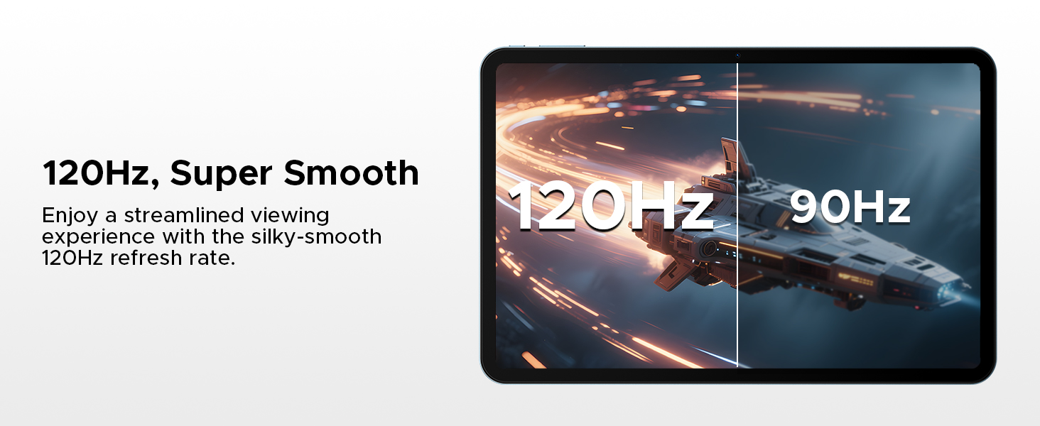 Text reads '120Hz, Super Smooth' and 'Enjoy a streamlined viewing experience with two Ultra-smooth screens 120Hz 90Hz'. Split screen display showing refresh rate comparison.