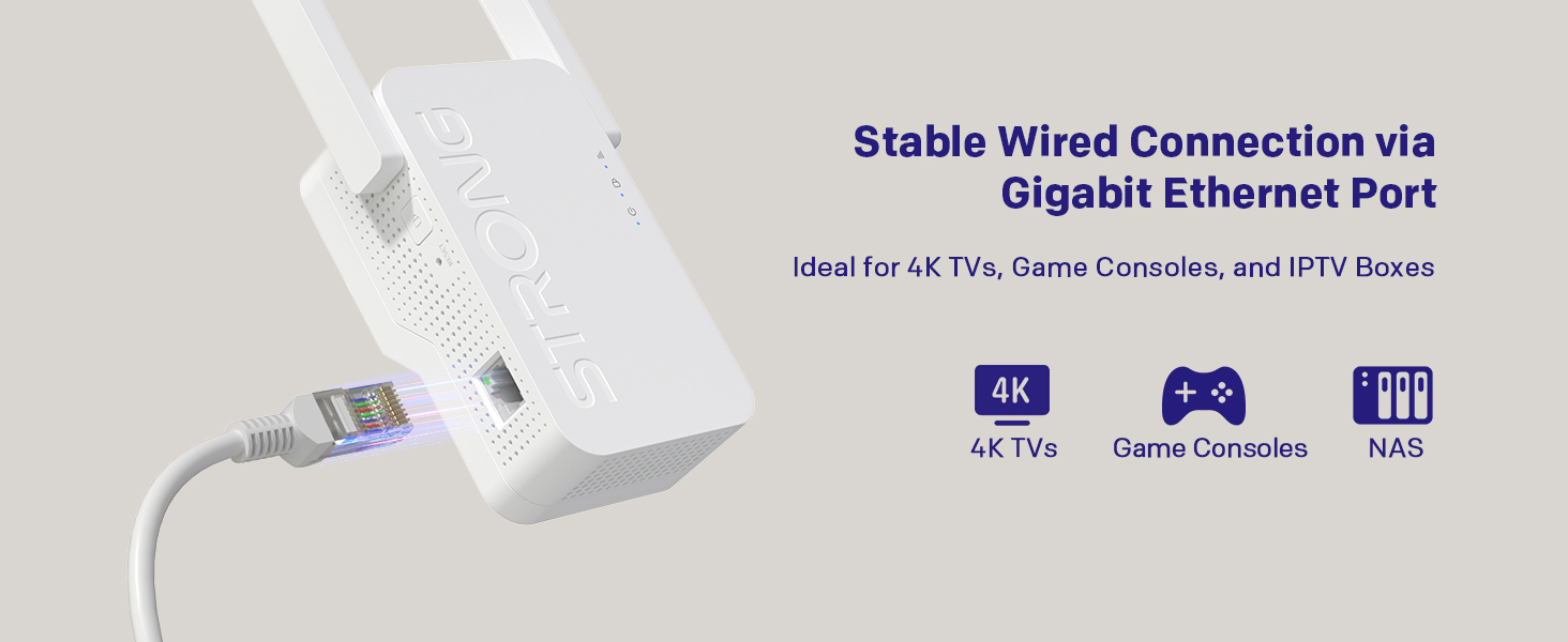 Text reads 'Stable Wired Connection via Gigabit Ethernet Port'. Close-up of white network device showing ethernet connection port.