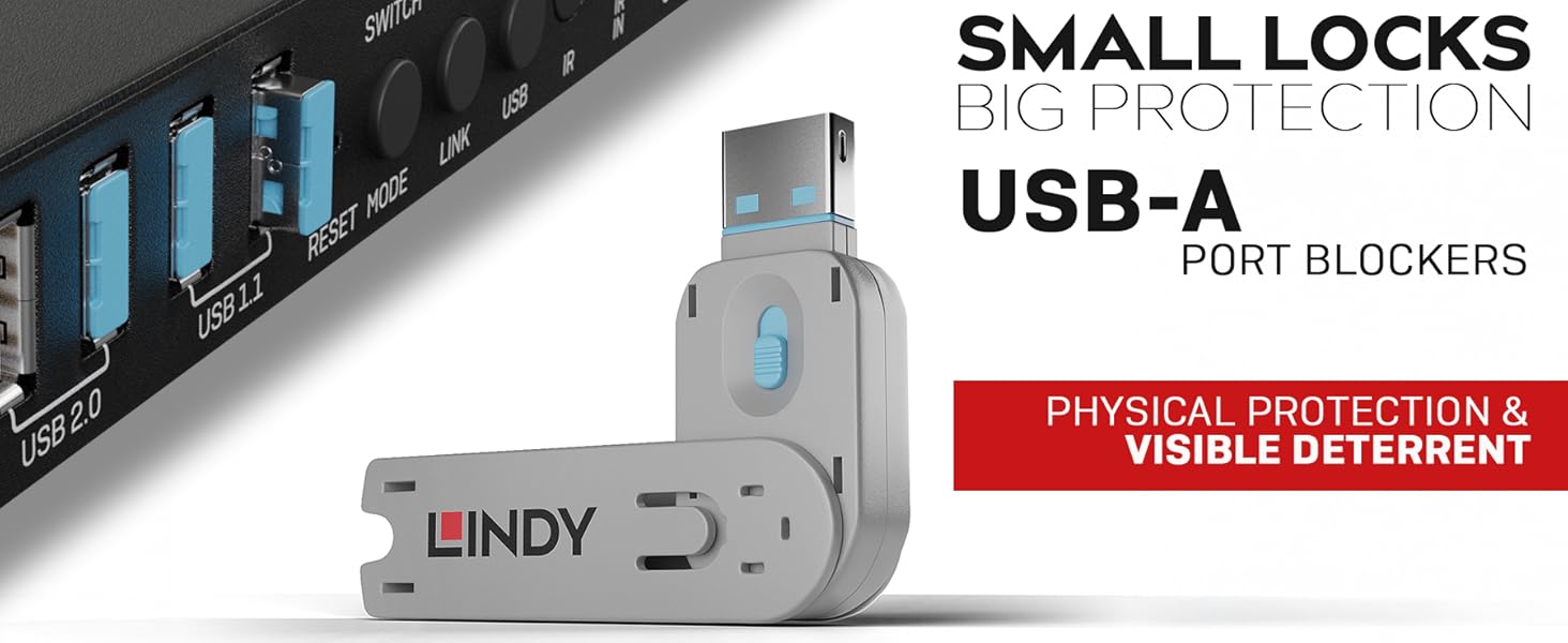 Text reads 'SMALL LOCKS' and 'USB-A PORT BLOCKERS'. Close-up view of small silver USB port blocking device with locking mechanism designed for security purposes.