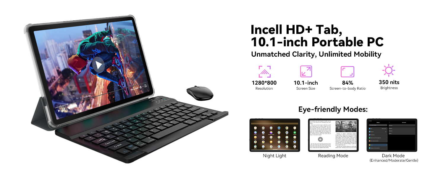 10.1-inch portable PC tablet with detachable keyboard. Features 1280x800 resolution, 10.1-inch display, 4:3 aspect ratio, and 350 nits brightness. Includes eye-friendly modes and wireless mouse.