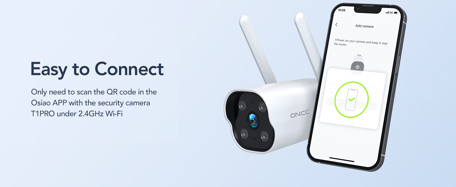 White outdoor security camera with dual lenses. Features include 2K HDR resolution, motion/sound detection, infrared night vision, two-way audio, and 24/7 recording.