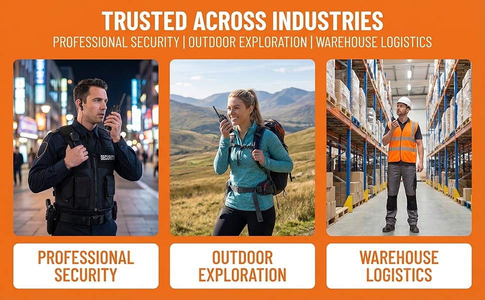 Text reads 'TRUSTED ACROSS INDUSTRIES: PROFESSIONAL SECURITY, OUTDOOR EXPLORATION, WAREHOUSE LOGISTICS'. Banner showing various industrial and outdoor workplace scenes.