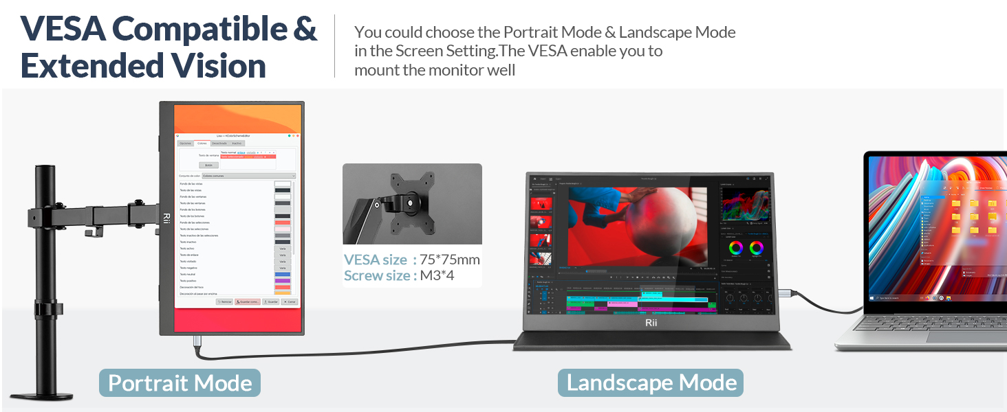 Text reads: 'VESA Compatible & Extended Vision'. Similar to Image 3, shows monitor mount configurations in portrait and landscape modes with device setup.