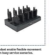 Text reads 'Lightweight radio and soft feel and efficient luminous I.' Four black portable two-way radio walkie-talkie devices arranged in a row.