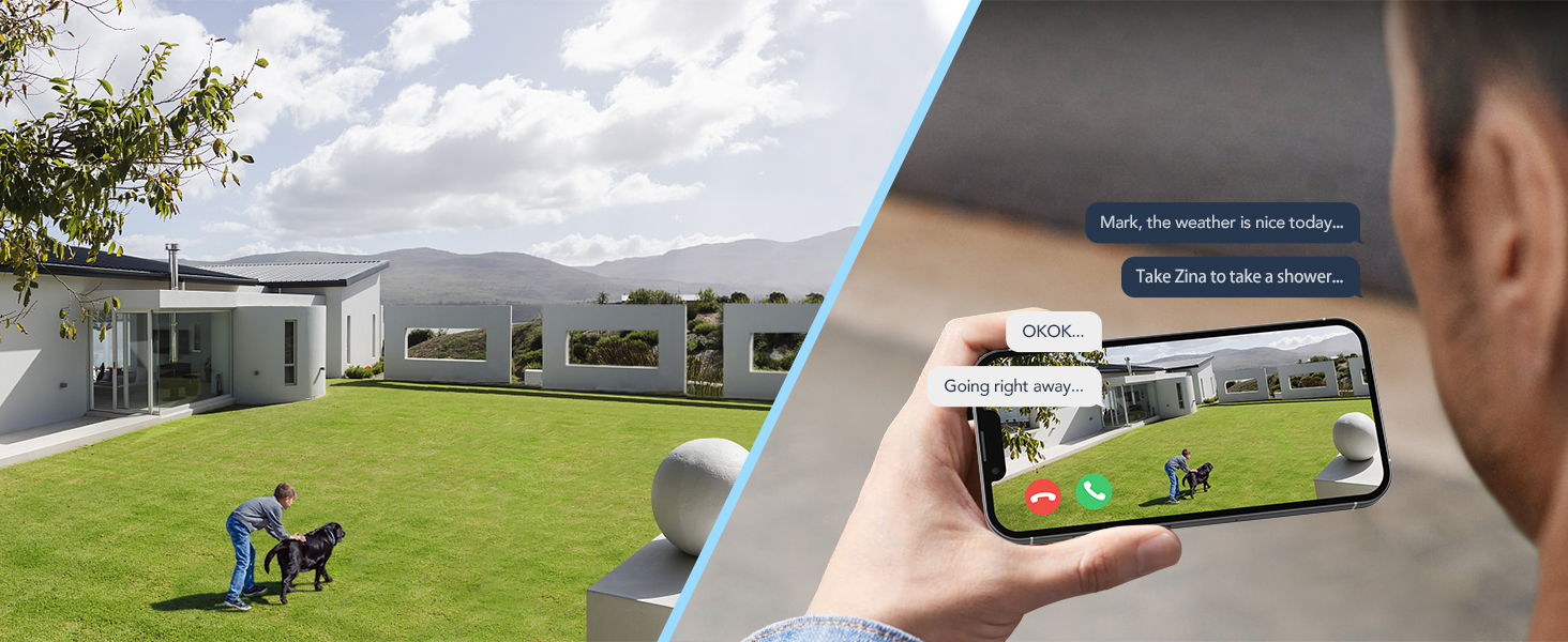 Split image of a large grassy field with buildings and a person holding a smartphone, suggesting a remote monitoring or security application.
