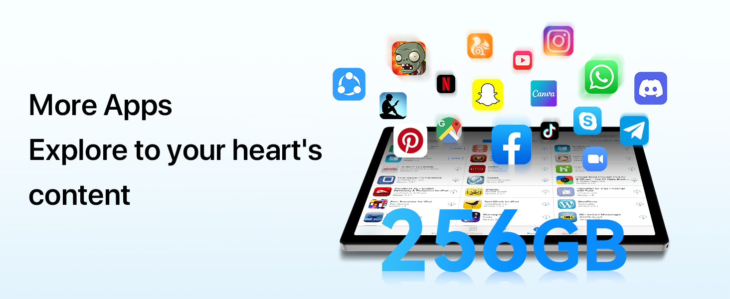 Tablet displaying various app icons with '256GB' text overlay. Image promotes exploring additional apps and content on a high-capacity device.