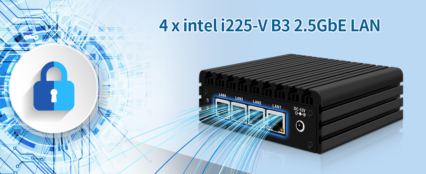 Text reads '4 x intel i225-V B3 2.5GbE LAN'. Black rectangular network device shown against blue technical background with circuit patterns.