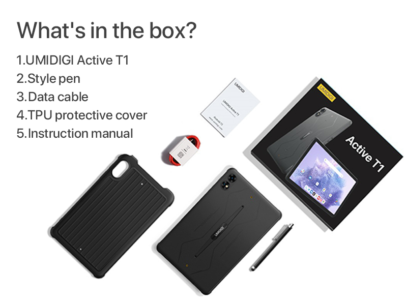 Text reads 'What's in the box?' showing UMDIGI Active T1 product contents: tablet device, stylus pen, data cable, protective cover, and instruction manual laid out horizontally.