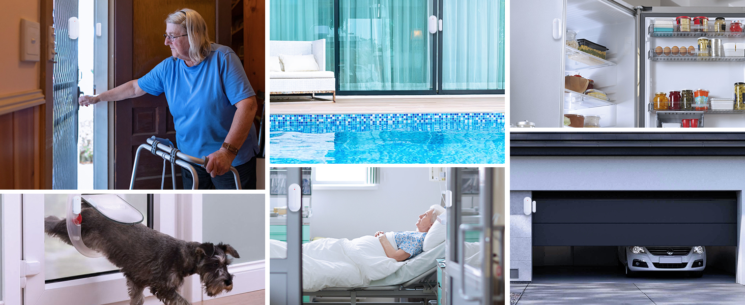 Collage of six images showing diverse home scenes: person with walker, swimming pool, refrigerator interior, dog, person on couch, and car in garage.