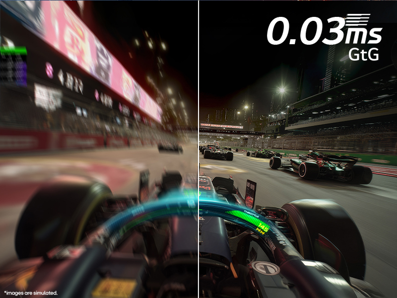 Text reads '0.03ms GTG'. Split-screen racing game screenshot showing Formula 1 car cockpit view with performance metric overlay.
