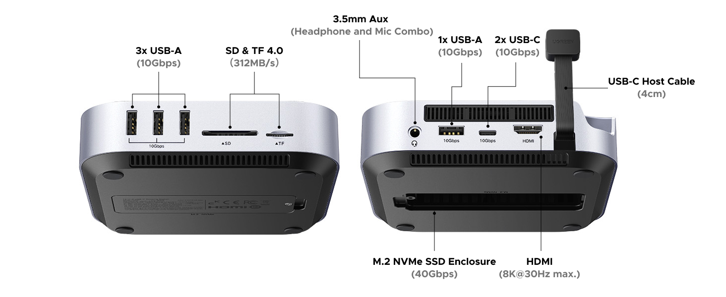 Technical diagram showing multiple views of an electronic device with various ports and connections. Includes detailed connection diagrams and interface layouts.