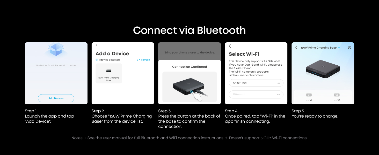 Text reads 'Connect via Bluetooth'. Series of five product interface screenshots showing Bluetooth connection process against black background.