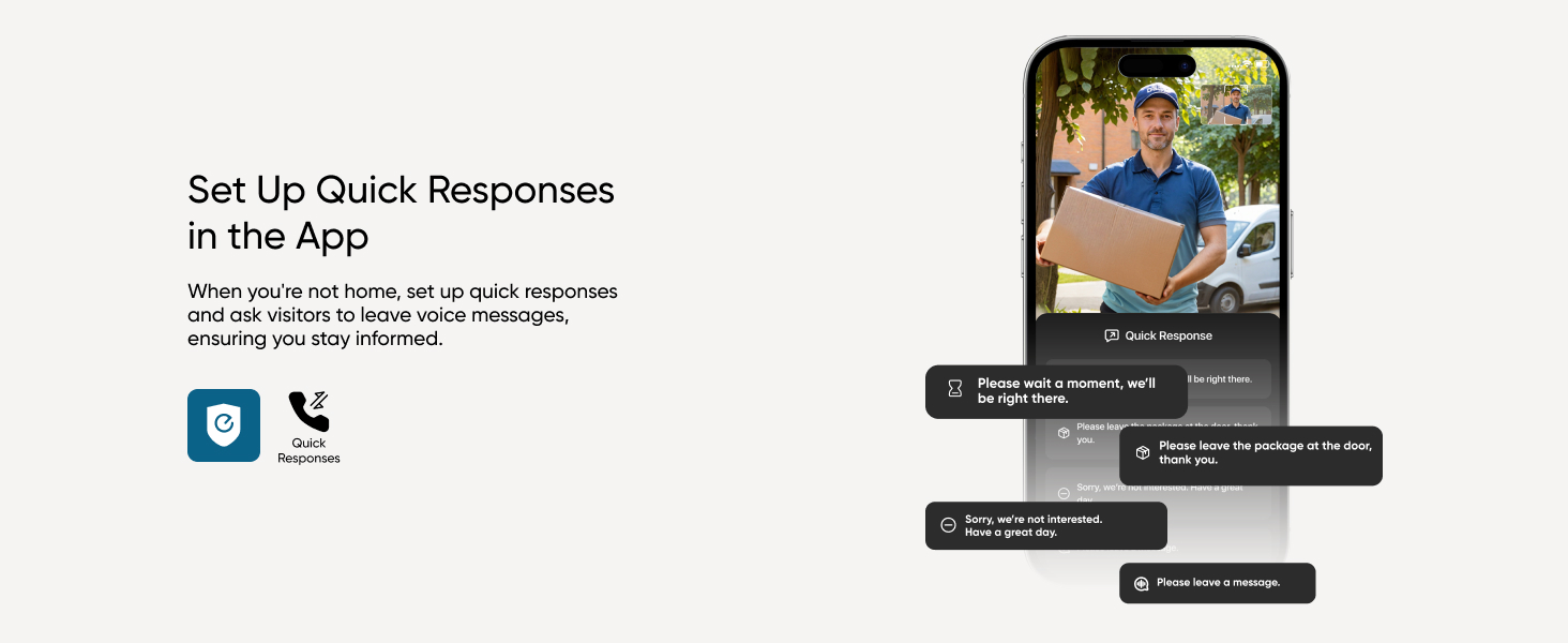 Smartphone screen showing app interface for setting up quick responses, with message bubbles and icons for phone and messaging.