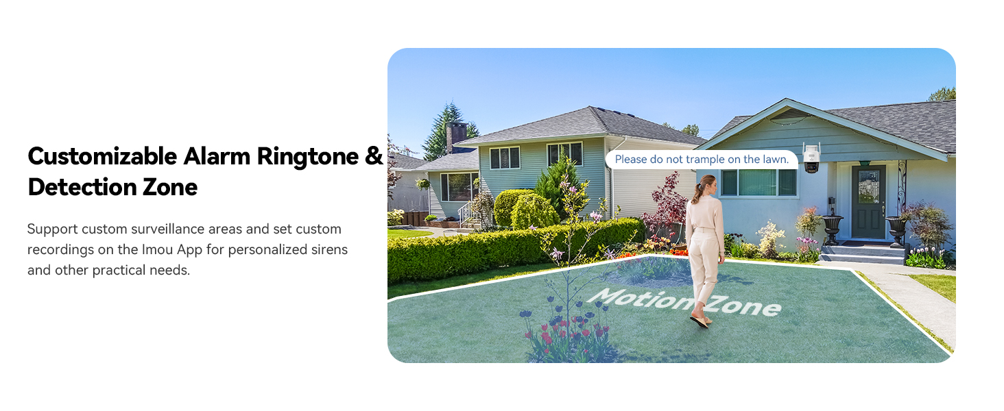 Text reads 'Customizable Alarm Ringtone & Detection Zone'. Collection of images showing suburban homes and security system interface screens.