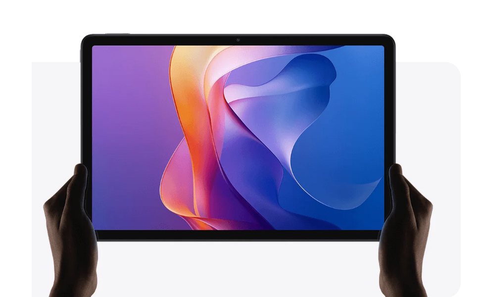 Digital device displays showing abstract blue and purple gradient designs across multiple screen views.