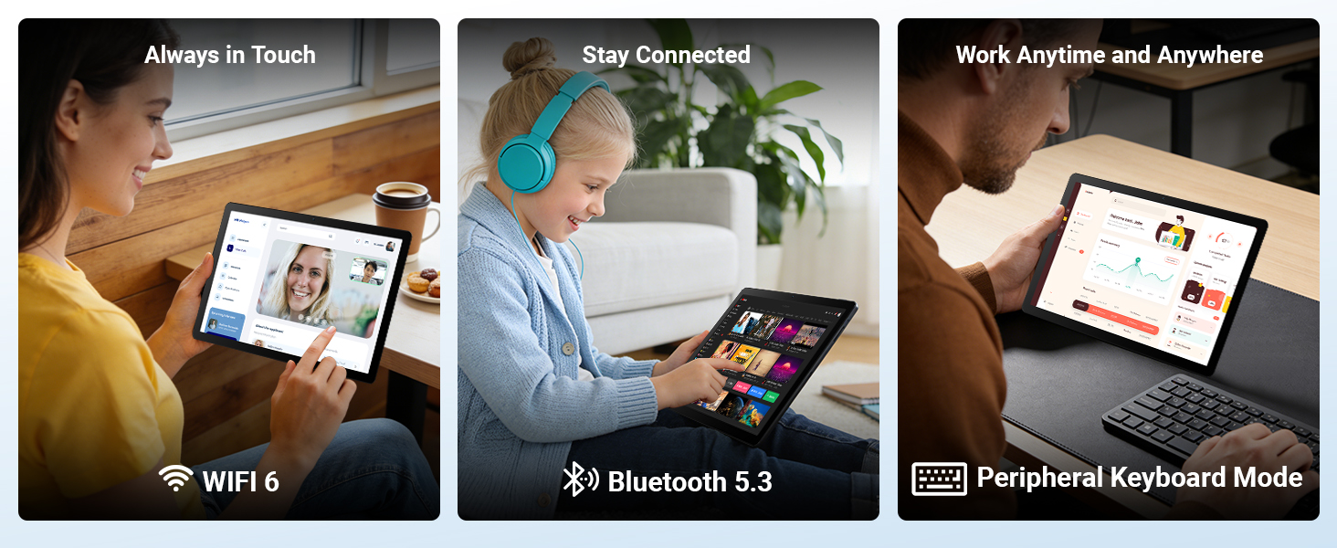 Text reads 'Always in Touch', 'WiFi 5G', 'Remote Control', 'Work Anytime Anywhere', 'Bluetooth 5.3', 'Portable Extended Mode'. Three panel grid showing: person holding tablet, person on video call with tablet, person working at laptop with tablet.