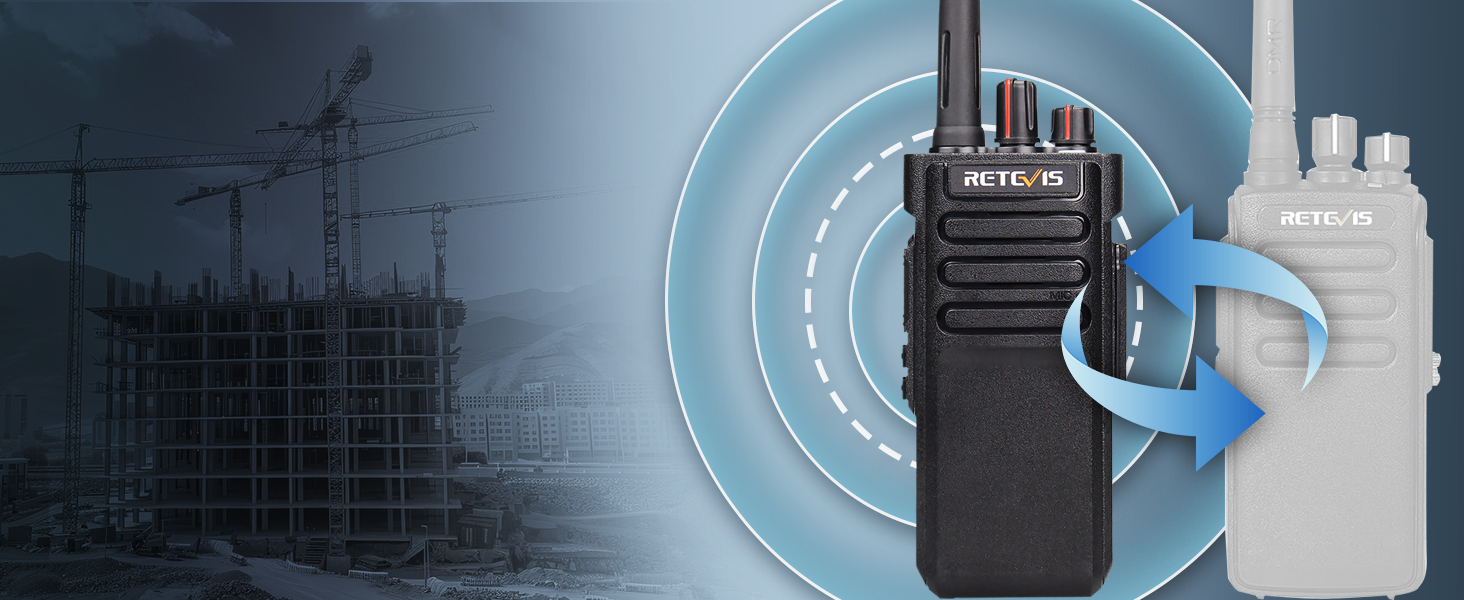 Black two-way radio or walkie-talkie device shown with signal waves graphic against construction site background.