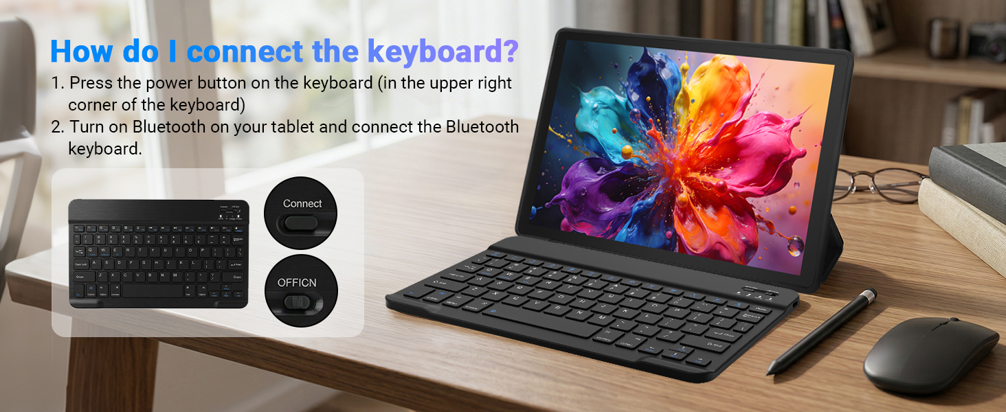Text reads 'How do I connect the keyboard? Step 1: Turn on the power and connect the keyboard. Step 2: Please check for signal when you not put on next by bluetooth'. Laptop with colorful display connected to wireless keyboard and mouse on desk.