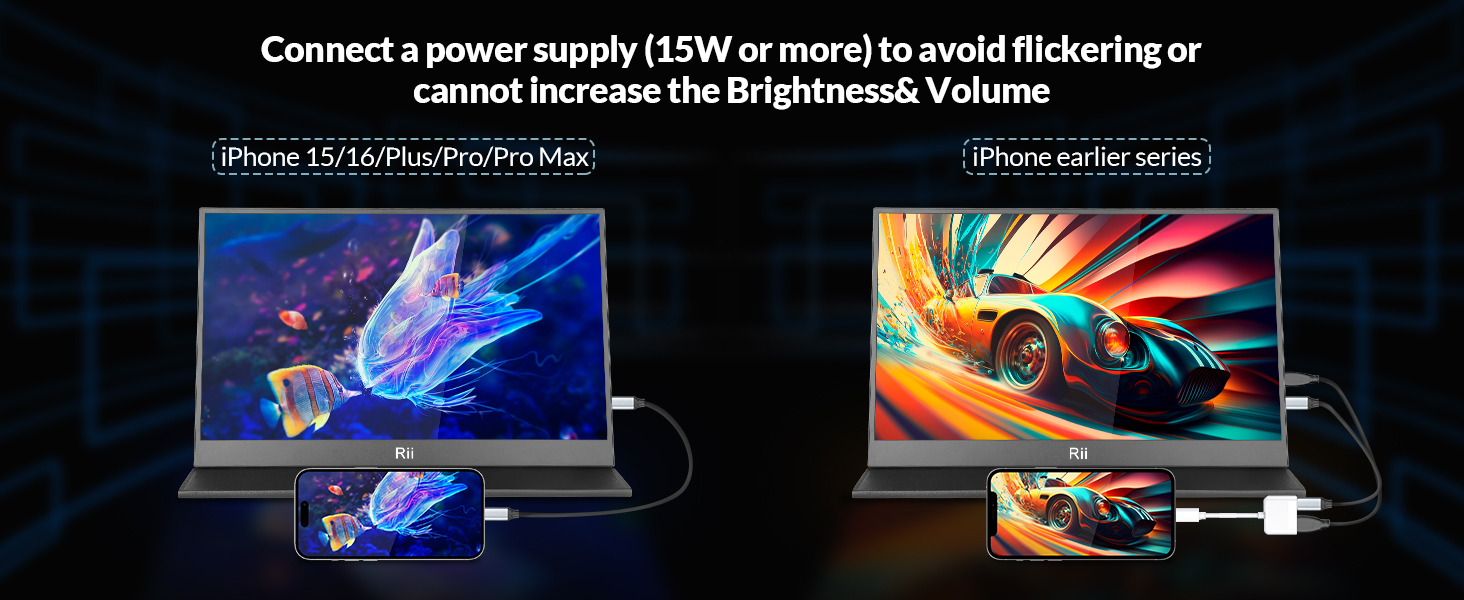 Text reads 'Connect a power supply (15W or more) to avoid flickering or cannot increase the Brightness/Volume'. Two laptop displays showing colorful graphics with power cables connected.