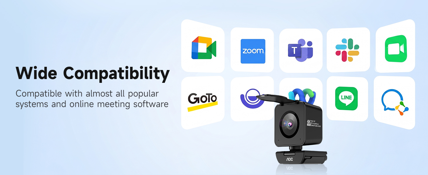 Text reads 'Wide Compatibility'. Light blue background showing multiple app icons including Google Drive, Microsoft apps, Slack, and others arranged around a small black video camera or recording device in center.