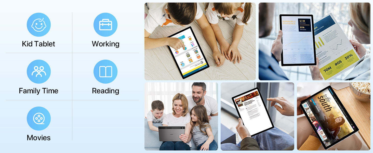 a collage of images showing a family and a tablet.