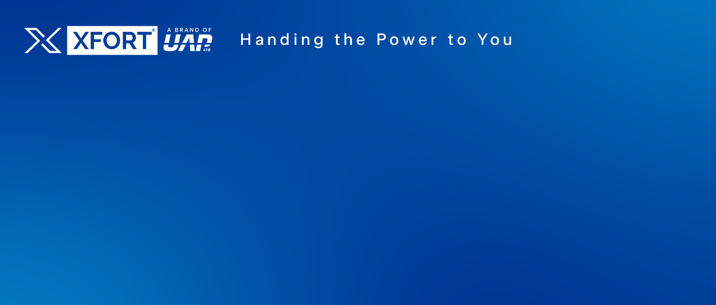 Blue gradient background with white text reading 'Handing the Power to You' and a logo featuring 'XFORT' in white letters.